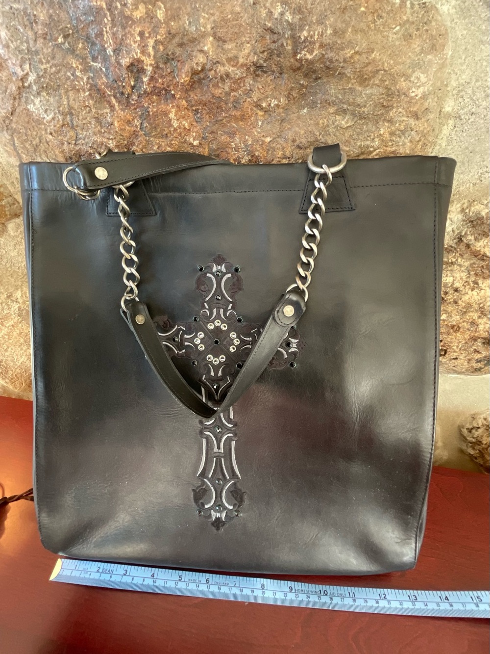 Old Gringo Black Leather Tote Bag with Embroidered and stone Cross Details